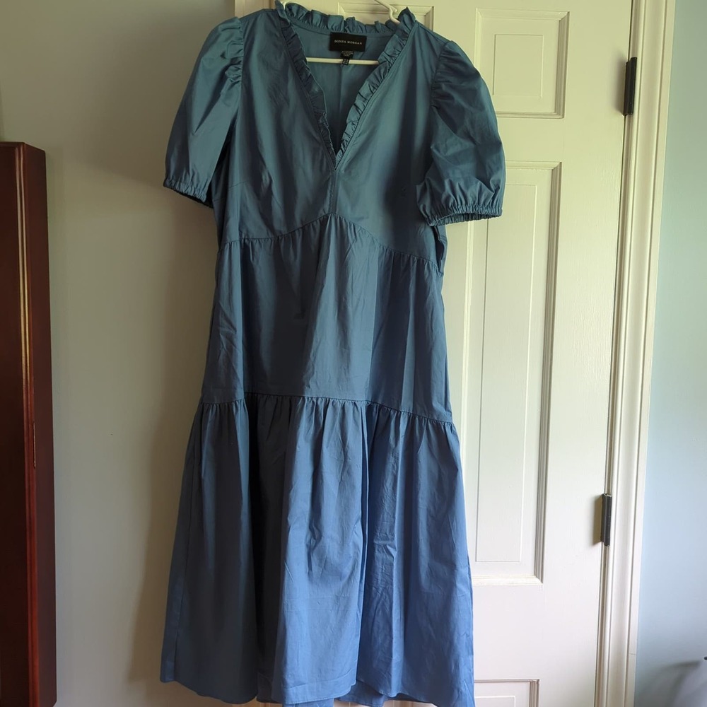 Size 12 Blue Donna Morgan Cotton Dress ruffled v-neck, puffed sleeves & pockets